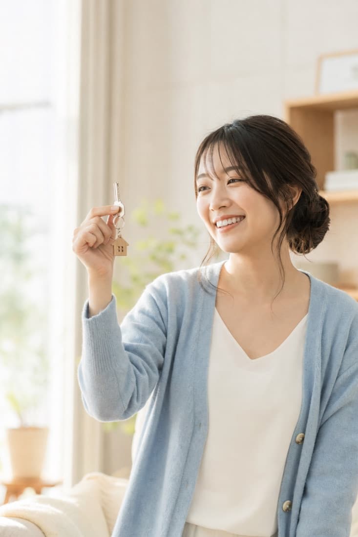 新居の鍵を手に微笑む女性